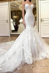 Sweetheart White Illusion neck Mermaid Beaded Lace Wedding Dresses